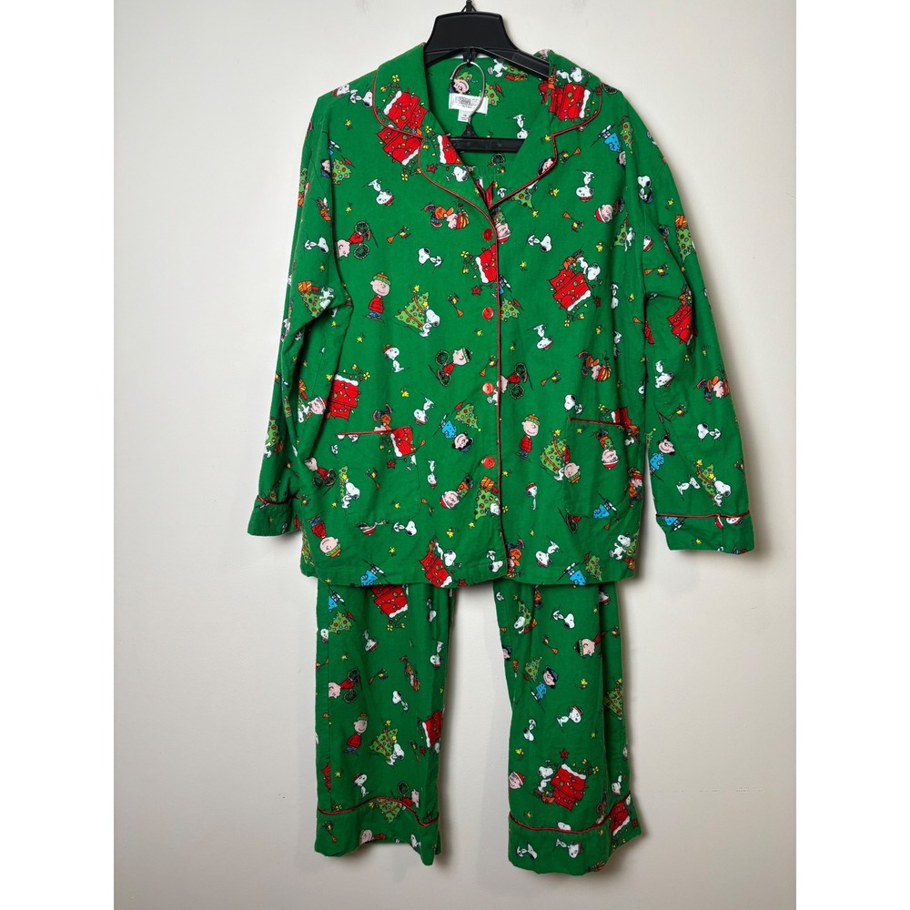 Peanuts Womens Christmas Pajama Set Size 1X Green Flannel Snoopy Charlie Brown